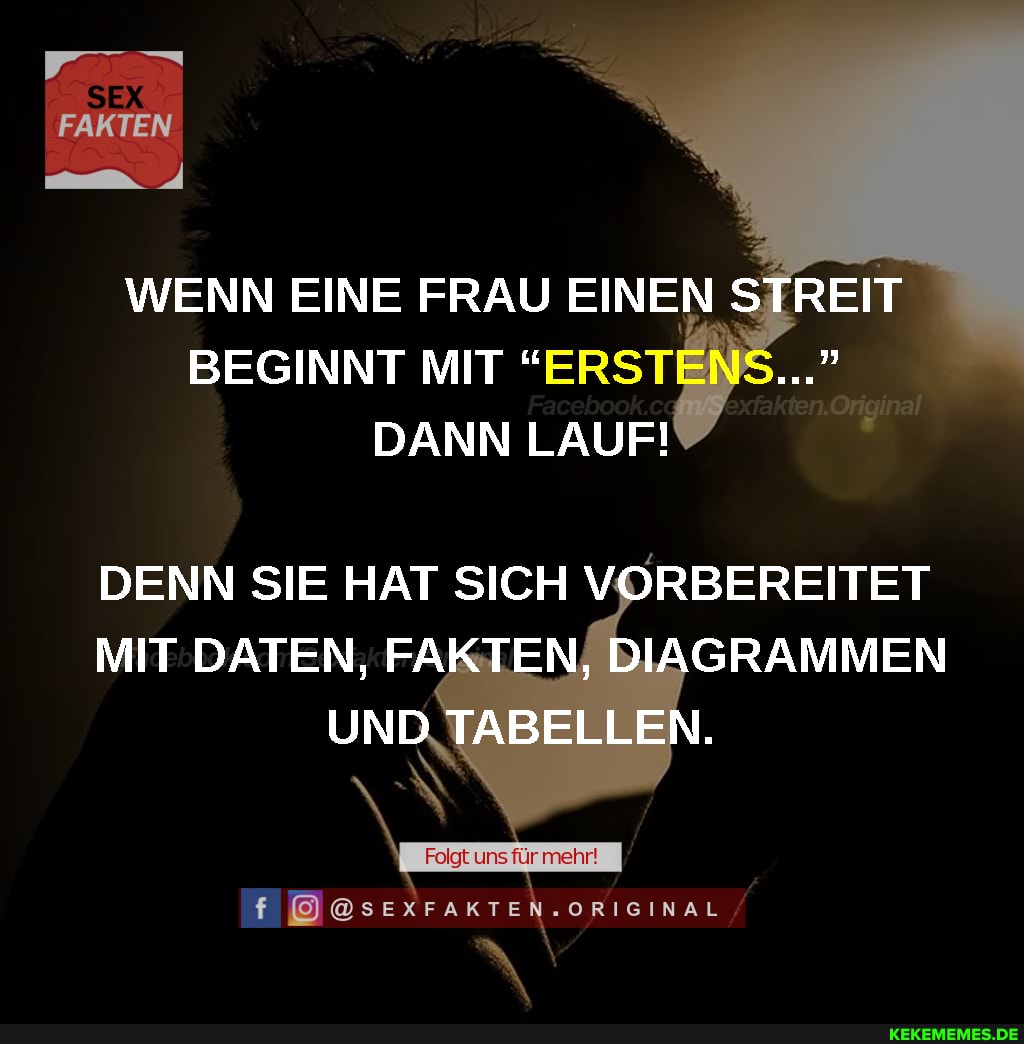 FAKTEN
WENN EINE FRAU EINEN STREIT BEGINNT MIT "ERST DANN LAUF!
DENN SIE HAT SICH VORBEREITET MIT DATEN, FAKTEN, DIAGRAMMEN UND TABELLEN.
"ORIGINAL