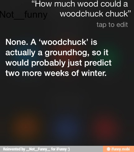 "How much wood could a
woodchuck chuck"
None. A 'woodchuck' is
actually a groundhog, so it
would probably just predict
two more weeks of winter.