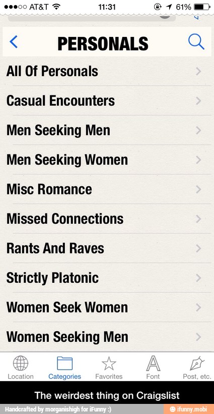 Casual Encounters
Men Seeking Men
Men Seeking Women
Misc Romance
Missed Connections
Rants And Raves
Strictly Platonic
Women Seek Women
Women Seeking Men
The weirdest thing on Craigslist - The weirdest thing on Craigslist