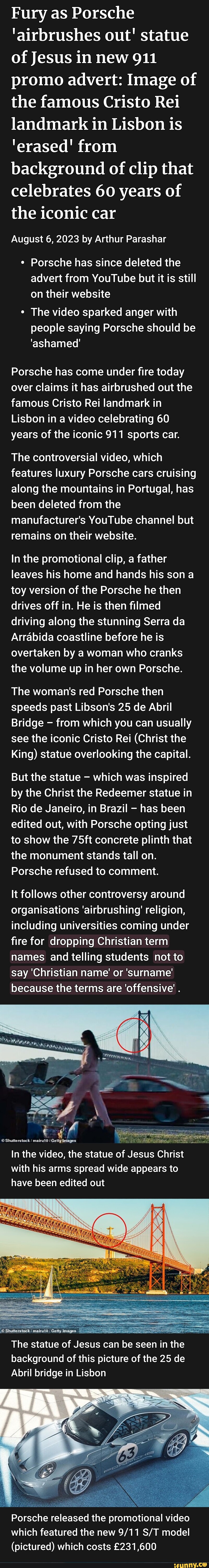 Fury as Porsche 'airbrushes out' statue of Jesus in new 911 promo ...