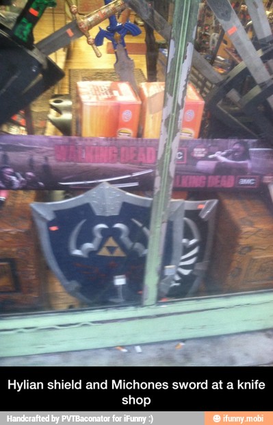 Hylian shield and Michones sword at a knife
shop - Hylian shield and Michones sword at a knife shop