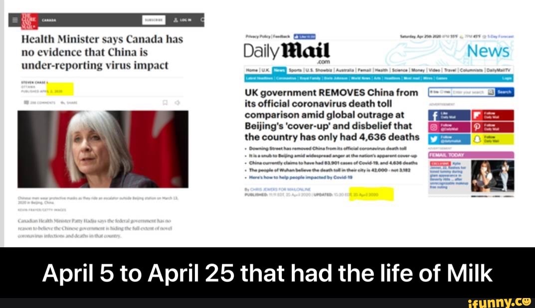 "anada has
no evidence that China is
Daily Mail News
under-reporting virus impact
UK government REMOVES China from
its official coronavirus death toll
comparison amid global outrage at
Beijing's 'cover-up' and disbelief that
the country has only had 4,636 deaths
April 5 to April 25 that had the life of Milk - April 5 to April 25 that had the life of Milk