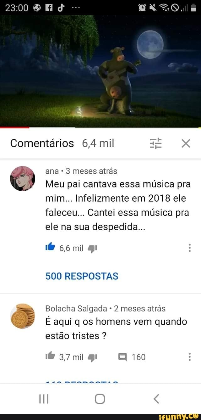 2300
Comentários 6,4 mil XXX
ana * 3 meses atrás
Meu pai cantava essa música pra mim... Infelizmente em 2018 ele faleceu... Cantei essa música pra ele na sua despedida...
6,6 mil g!
500 RESPOSTAS
Bolacha Salgada 2 meses atrás
É aqui q os homens vem quando estão tristes ?
3,7 mil E 160