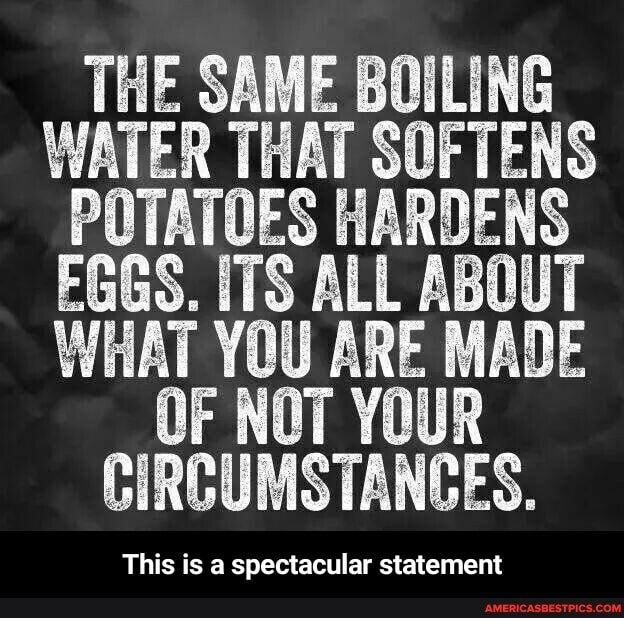 THE SAME BOILING ER THAT HARDENS WHAT YOU ARE MADE
OF NOT YOUR CIRCUMSTANCES.
This is a spectacular statement - This is a spectacular statement