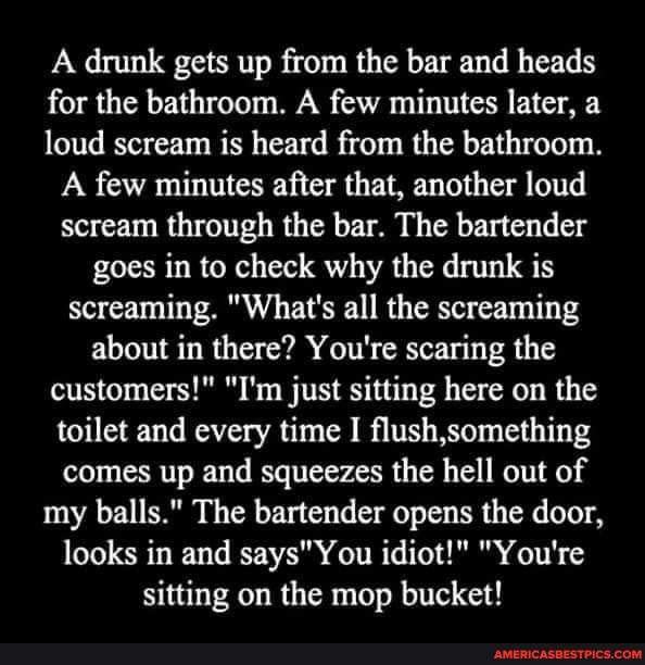 A drunk gets up from the bar and heads for the bathroom. A few minutes later, a loud scream is heard from the bathroom.
A few minutes after that, another loud scream through the bar. The bartender goes in to check why the drunk is screaming. "What's all the screaming about in there? You're scaring the customers!" "I'm just sitting here on the toilet and every time I tush semething comes up and squeezes the hell out of my balls." The bartender opens the door, looks in and says" You idiot!" "You're sitting on the mop bucket!