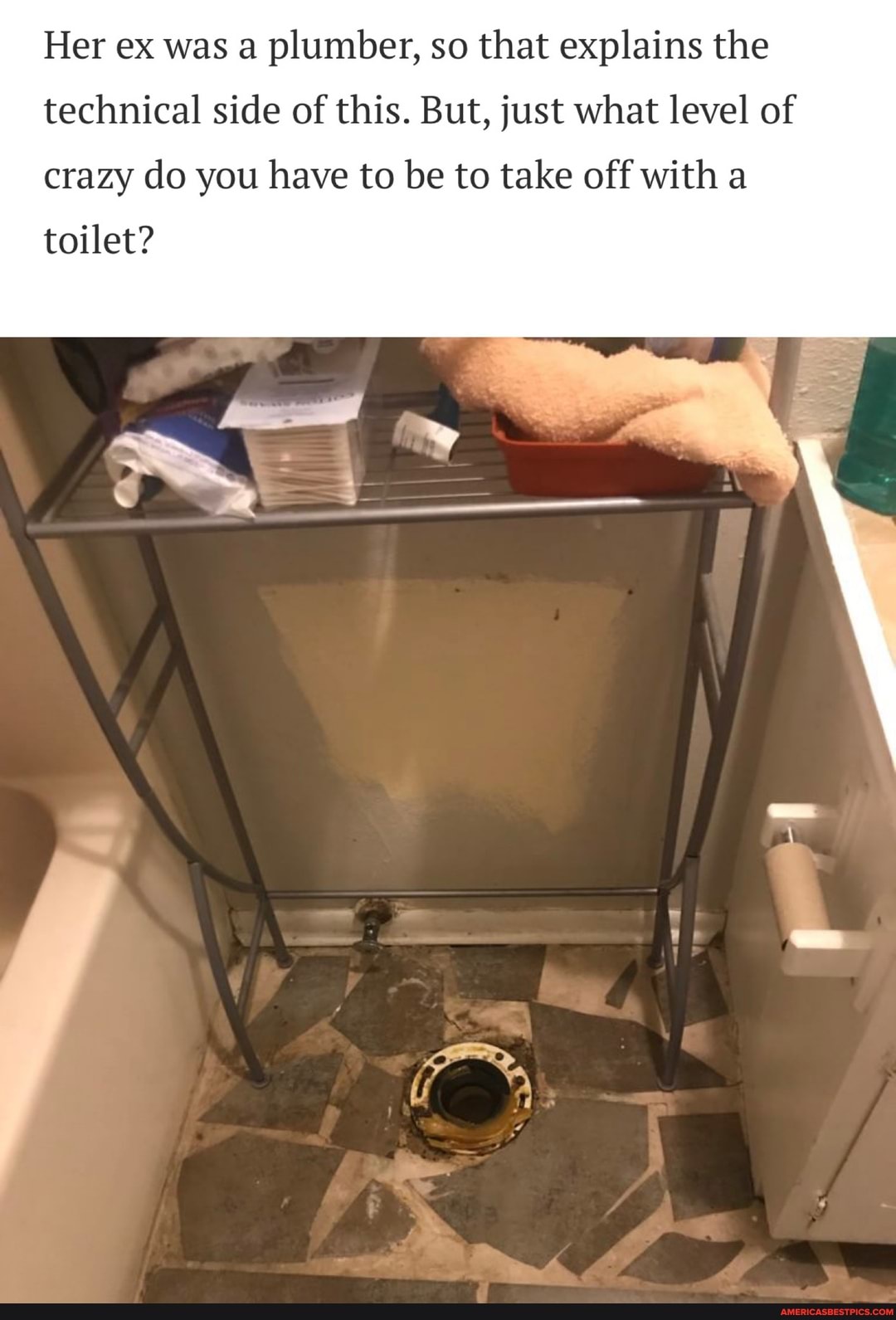 Her ex was a plumber, so that explains the
technical side of this. But, just what level of
crazy do you have to be to take off with a
toilet?