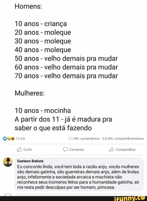 Homens 10 Anos Criança 20 Anos Moleque 30 Anos Moleque 40 Anos Moleque 50 Anos Velho 5789