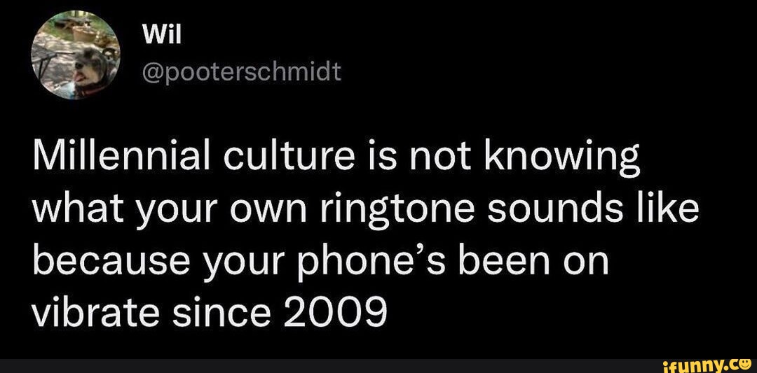 Millennial culture is not knowing what your own ringtone sounds like because your phone's been on vibrate since 2009 - iFunny