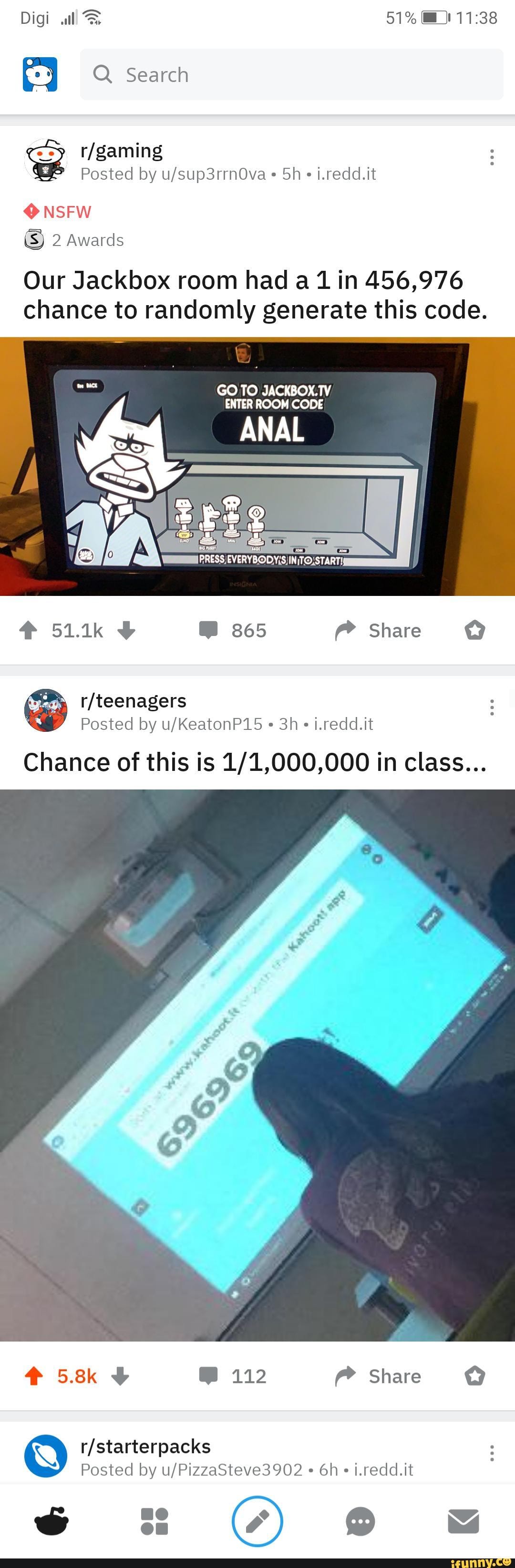 E r/gaming Posted by u/sup3rrnOva Our Jackbox room had a 1 in 456,976