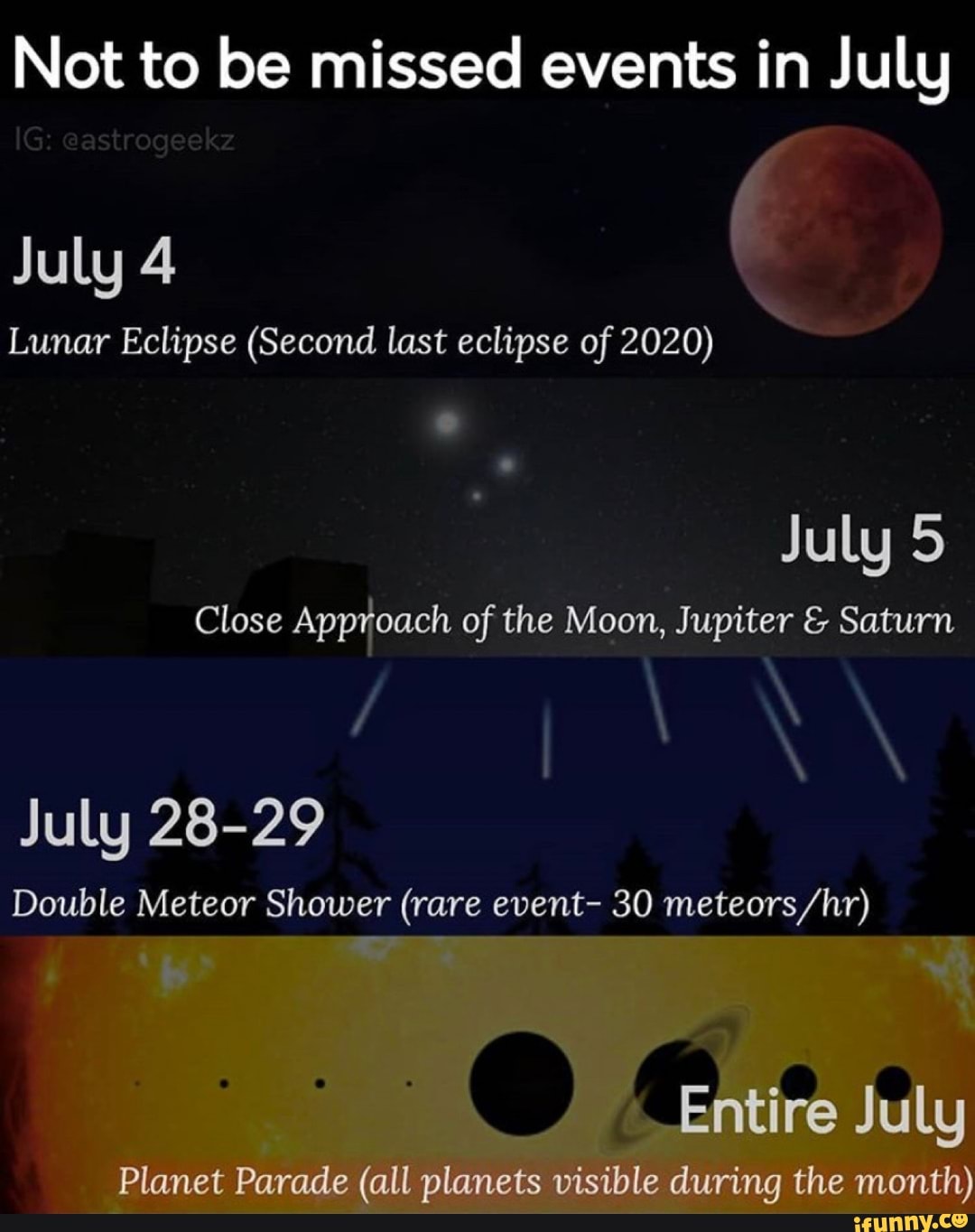 Not to be missed events in July
Lunar Eclipse (Second last eclipse of 2020)
Close Approach of the Moon, Jupiter Saturn
July 28-29
Double Meteor Shower (rare event- 30 meteors/hr)