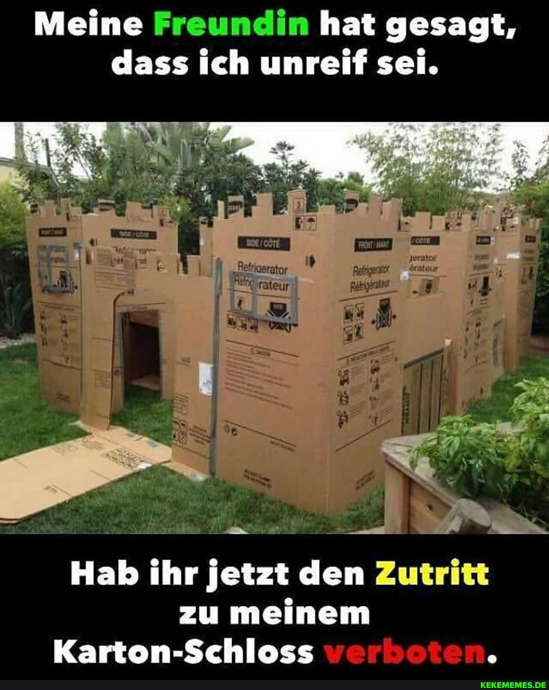 Meine Freundin hat gesagt, dass ich unreif sei.
"Refrigerator
Hab ihr jetzt den Zutritt zu meinem
Karton-Schloss vw: