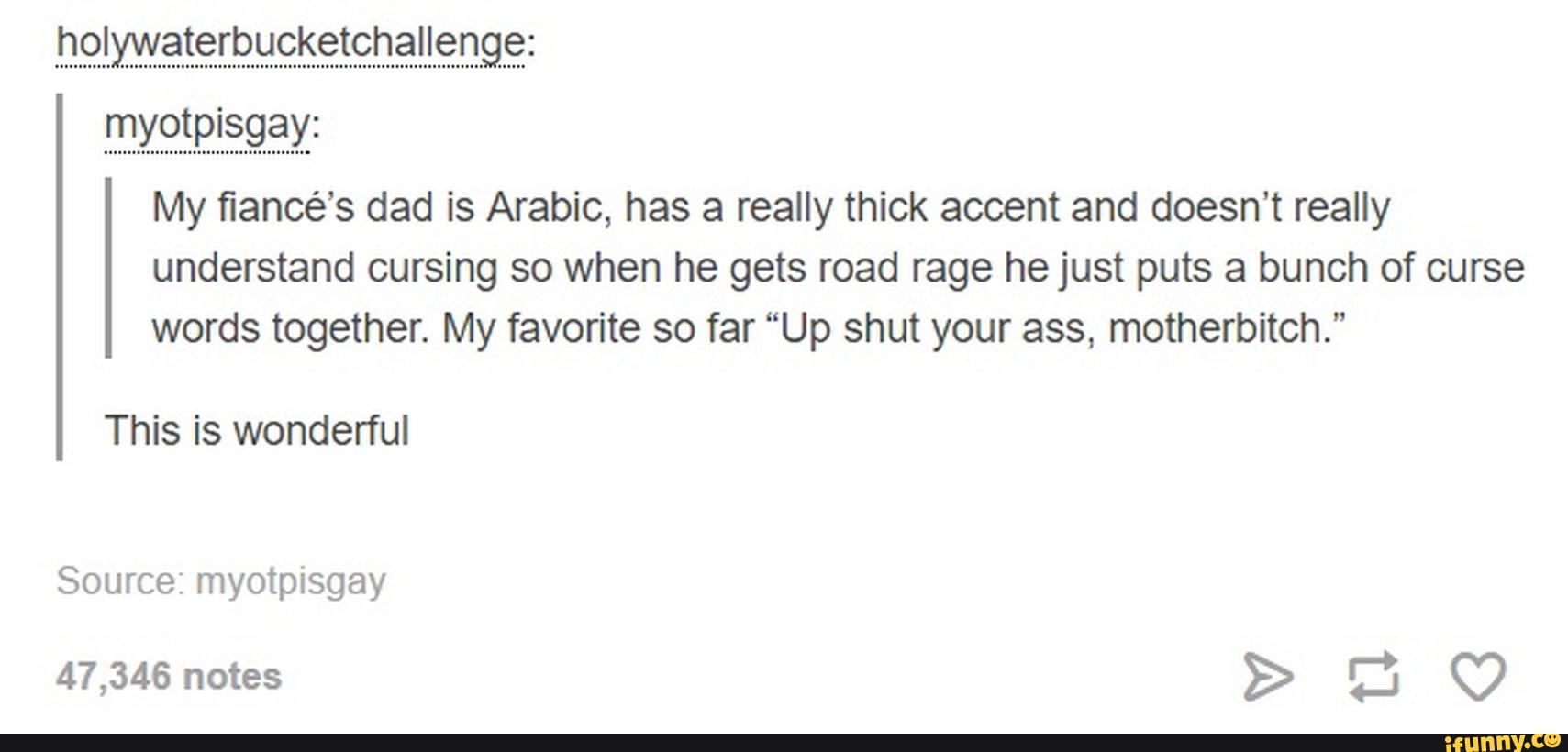 myotpisgay:
My fiance’s dad is Arabic, has a really thick accent and doesn’t really
understand cursing so when he gets road rage he just puts a bunch of curse
words together. My favorite so far “Up shut your ass, motherbitch."
This is wonderful
Source: myotpisgay