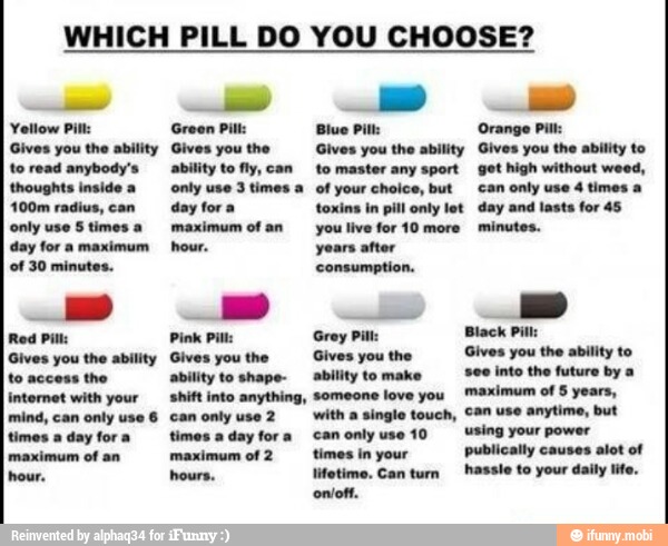 WHICH PILL DO YOU CHOOSE?
Yellow Pill
Gives you the ability
to read anybody's
only use 5 times a
Red Pill:
Gives you the ability
to access the
internet with your
mind, can only use 6
hour,
Green Pill:
Gives you the
ability to fly, can
maximum of an
Pie Pitts
Gives you the
ability to shape-
shift into anything,
can only use 2
hours.
Grey Pi:
Black Pill:
Gives you the Úlves you the ability to
ability to make See into the future by a
someone love you
Maximum of 5 years,
with a singlo touch, Can use anytime, but
only 10 Using your power
lifetime. Can turn hassle to your daily life,