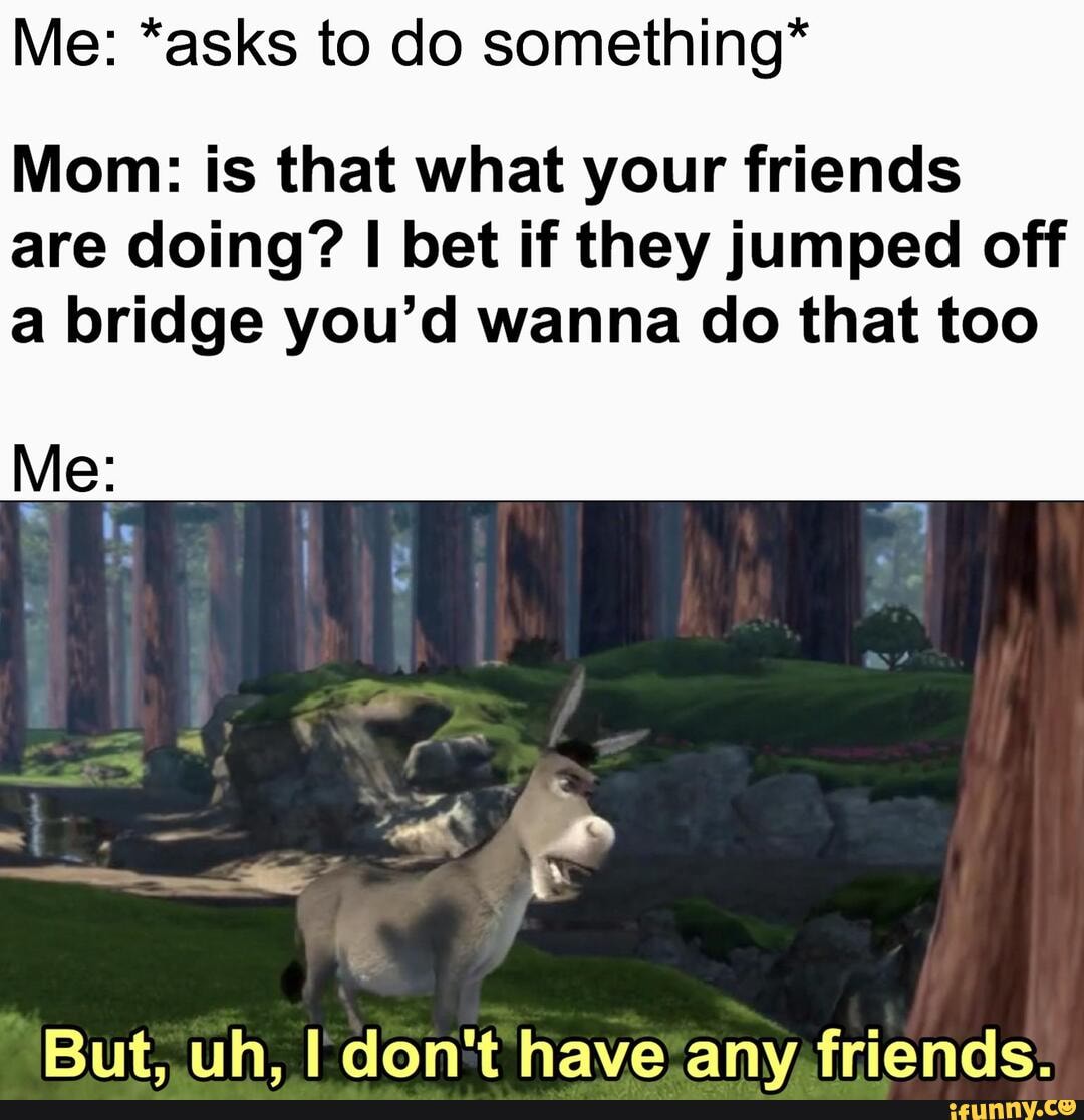 Me: *asks to do something*
Mom: is that what your friends are doing? I bet if they jumped off
a bridge you'd wanna do that too
Me:
But, uh, I don't have any friends.
