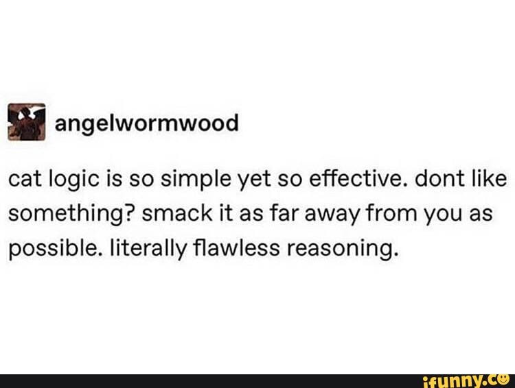 cat logic is so simple yet so effective. dont like
something? smack it as far away from you as
possible. literally flawless reasoning.