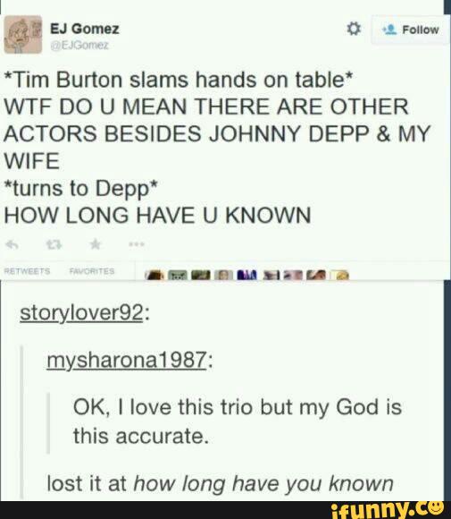 *Tim Buflon slams hands on table’
WTF DO U MEAN THERE ARE OTHER
ACTORS BESIDES JOHNNY DEPP & MY
WIFE
‘turns to Depp'
HOW LONG HAVE U KNOWN
st_oryIover92:
mysharona1987:
OK, i love this trio but my God is
this accurate.
lost it at how long have you known