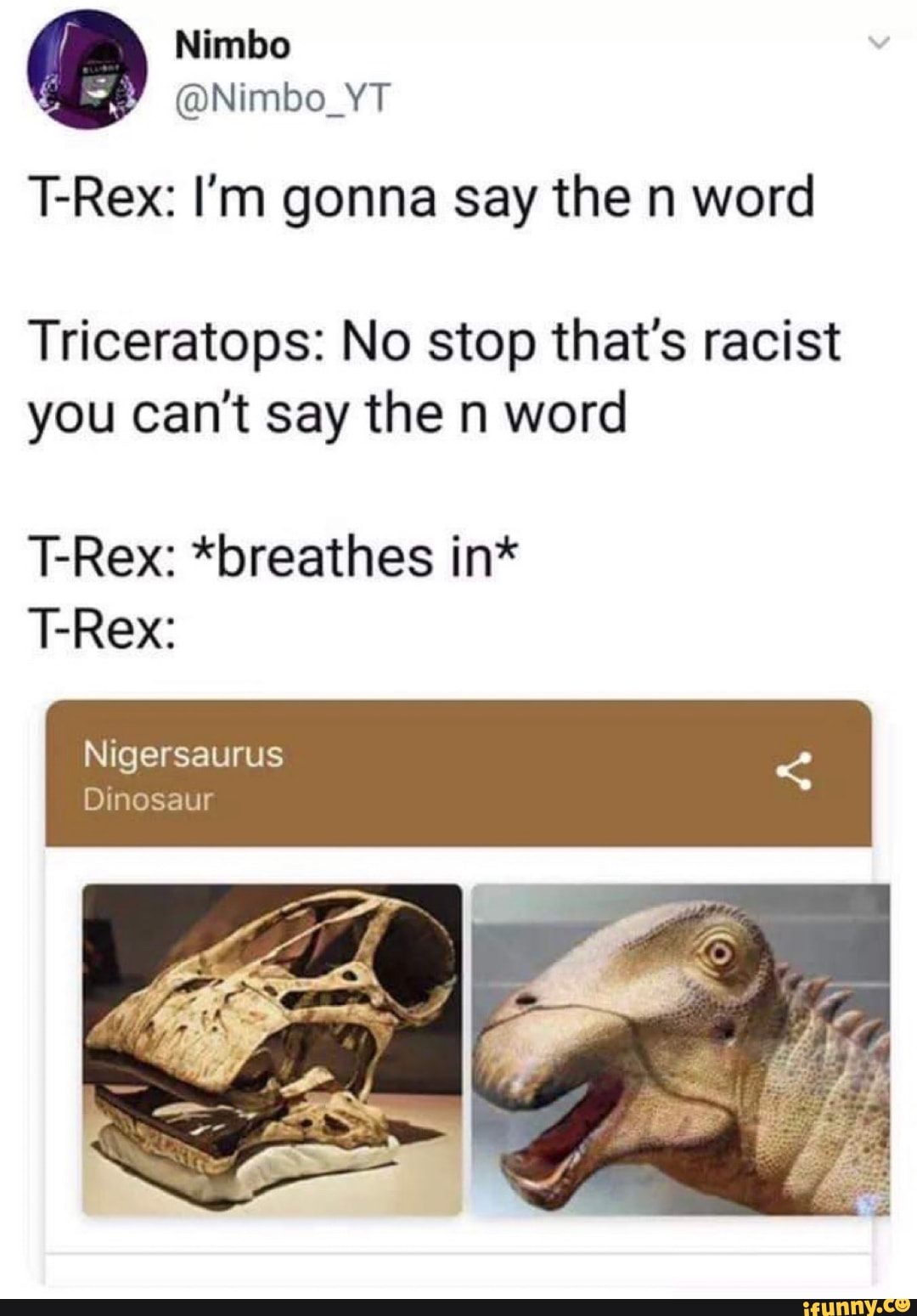 T-Rex: I'm gonna say the n word Triceratops: No stop that's racist you cant  say the n word T-Rex: *breathes in* Nigersaurus Dinosaur 