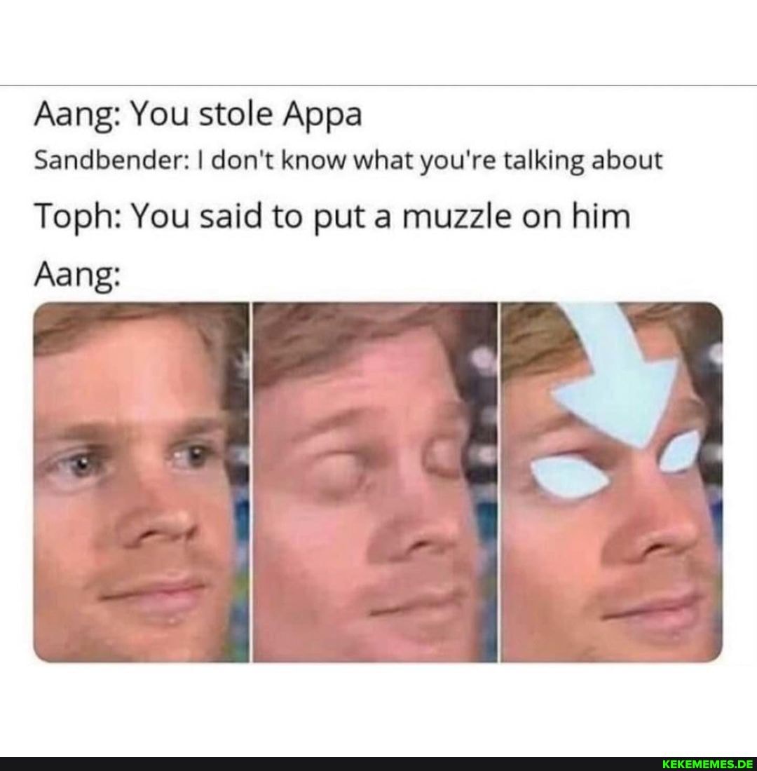 Aang: You stole Appa
Aang:
Sandbender: I don't know what you're talking about
Toph: You said to put a muzzle on him