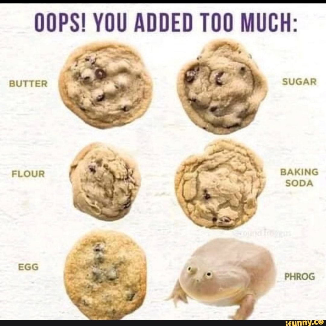 OOPS! YOU ADDED MUCH:
BUTTER
FLOUR
SUGA
BAKING SODA
EGG PHROG