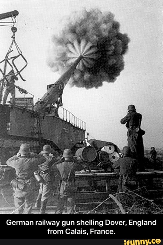 German railway gun shelling Dover, England
from Calais, France. - German railway gun shelling Dover, England from Calais, France.