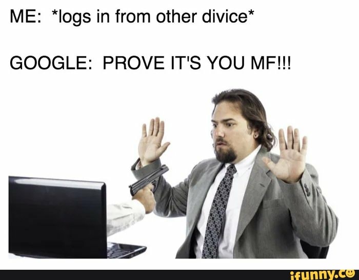 ME: *logs in from other divice*
GOOGLE: PROVE IT'S YOU MF!!!