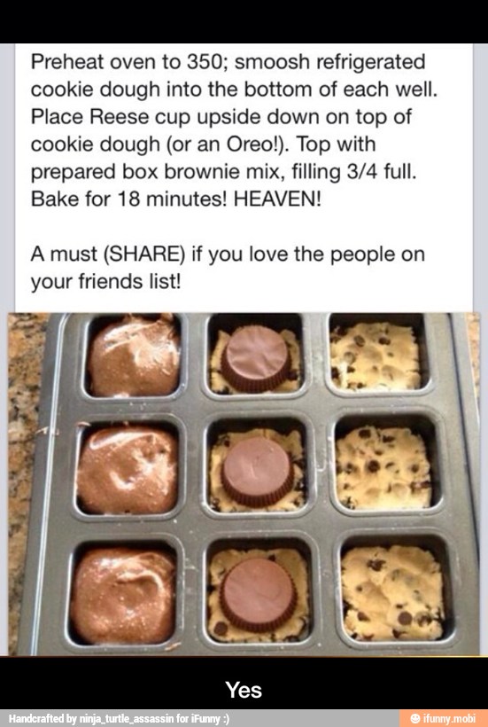 Preheat oven to 350; smoosh refrigerated
cookie dough into the bottom of each well.
Place Reese cup upside down on top of
cookie dough (or an Oreo!). Top with
prepared box brownie mix, filling 3/4 full.
Bake for 18 minutes! HEAVEN!
A must (SHARE) if you love the people on
your friends list! - Yes