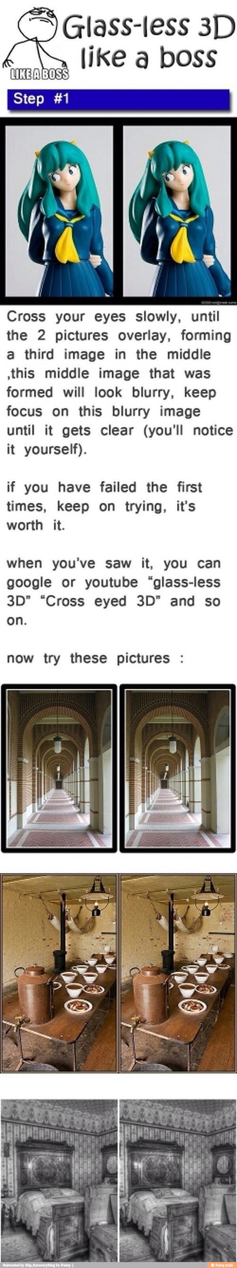 Cross your eyes slowly, until
the 2 pictures overlay, forming
a third image in the middle
this middle image that was
formed will look blurry, keep
focus on this blurry image
until it gets clear (you'll notice
it yourself).