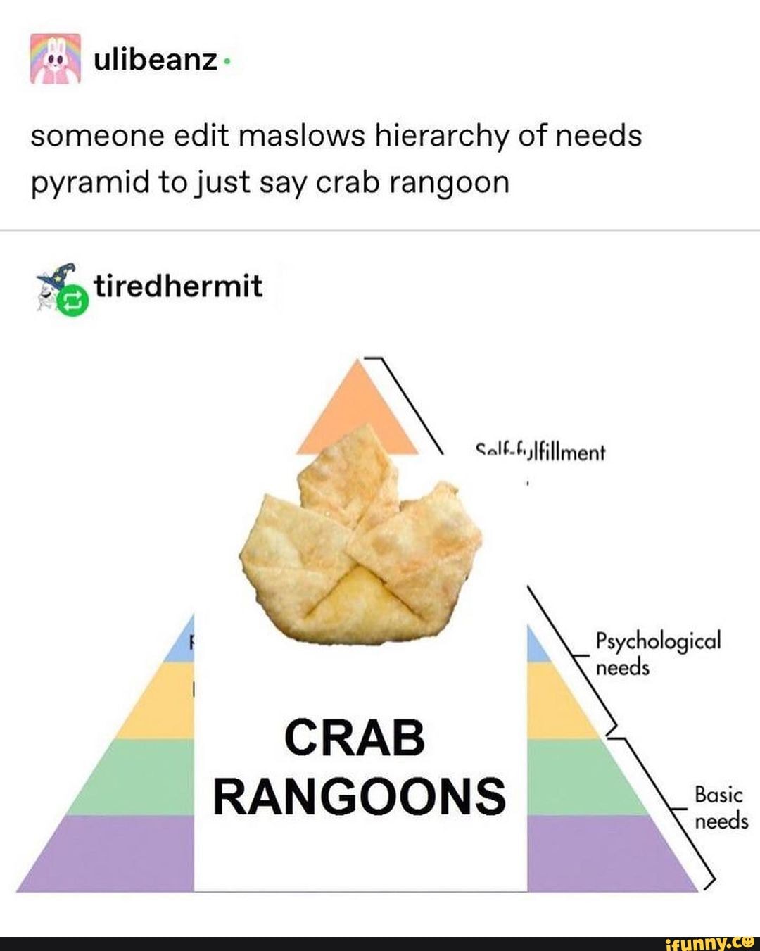 Someone edit maslows hierarchy of needs pyramid to just say crab rangoon tiredhermit ment