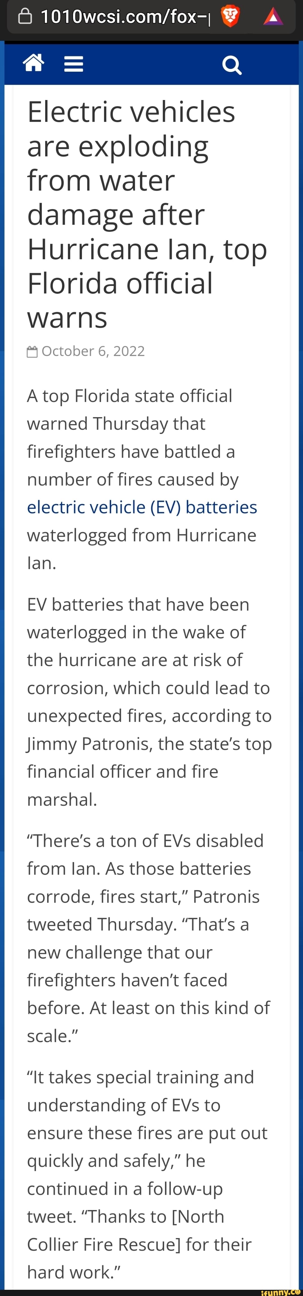 Electric vehicles are exploding from water damage after Hurricane lan