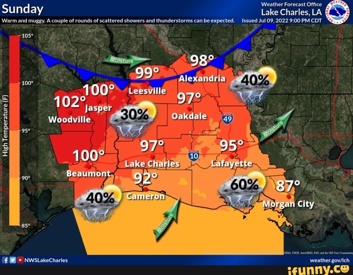Sunday Weather Lake Forecast Office chaes LA Warm and muggy. A couple of rounds of scattered