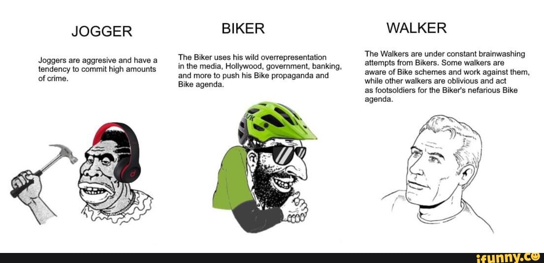 Joggers are
aggresive and havea The Biker uses his wild overrepresentation
Tie ethos are under constant arsine
tendency to commit high amounts
in the media, Hollywood, government, banking, pl
ll
has
ad oral
CG, and more to push his Bike propaganda and ee ee ee eee O
while other walkers oblivious and act
