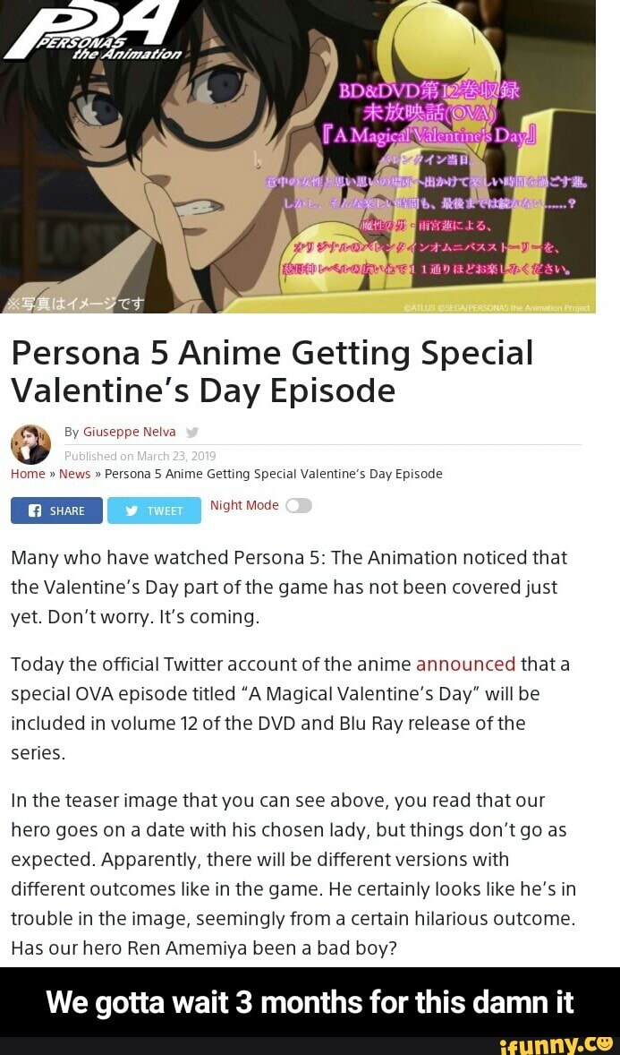 Persona 5 Anime Getting Special Valentine's Day Episode By cmseppe Mm Many  who have watched Persona