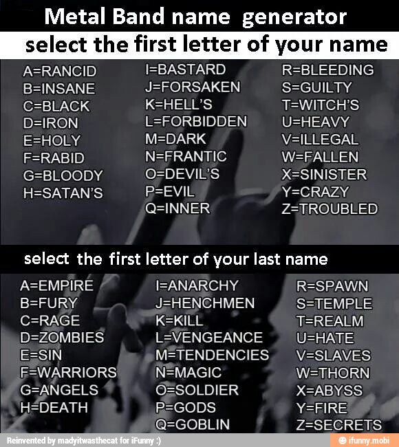 Metal Band name generator select the first letter of your name A=RANCID ...