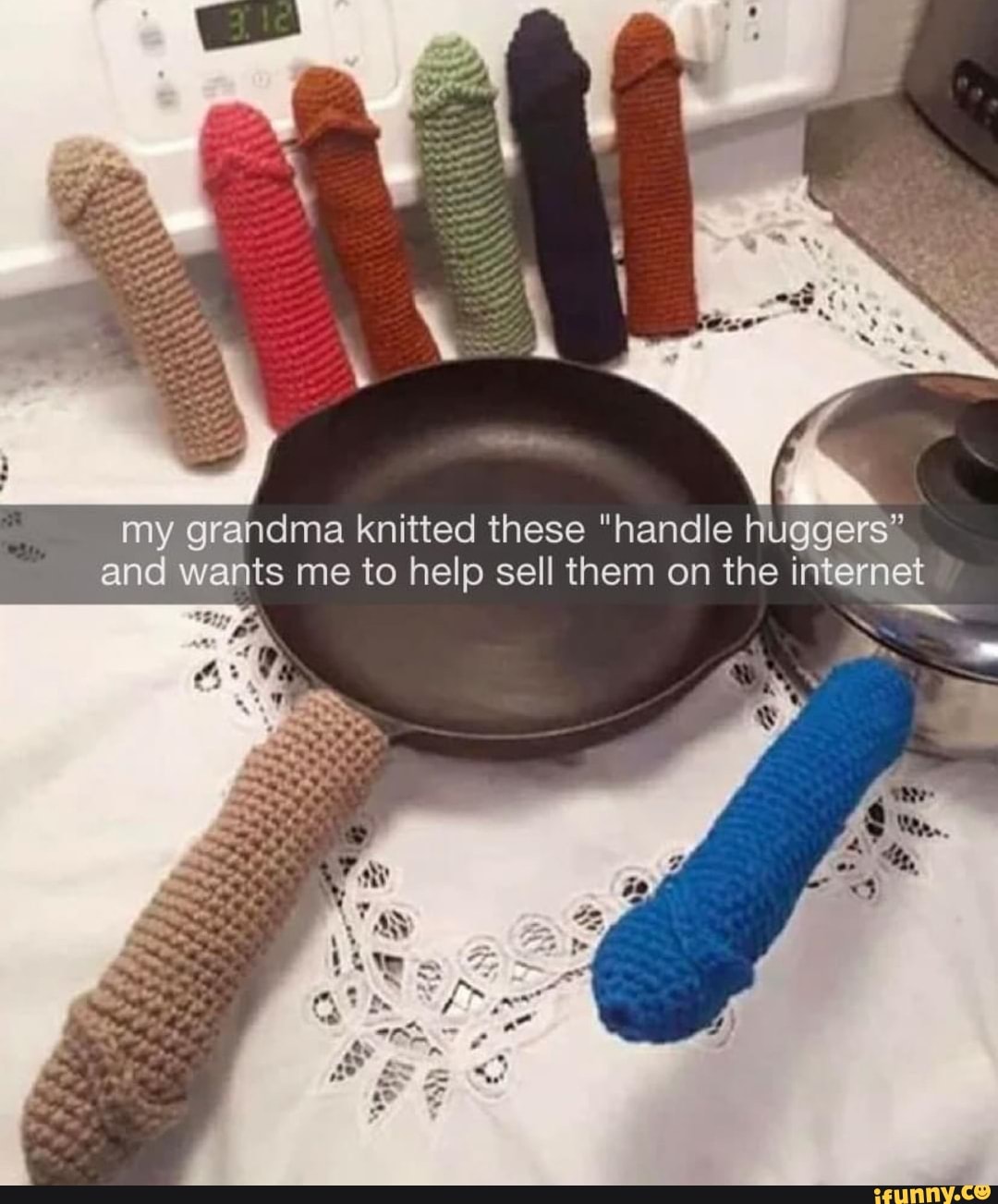 my grandma knitted these "handle huggers"
and wants me to help sell them on the internet