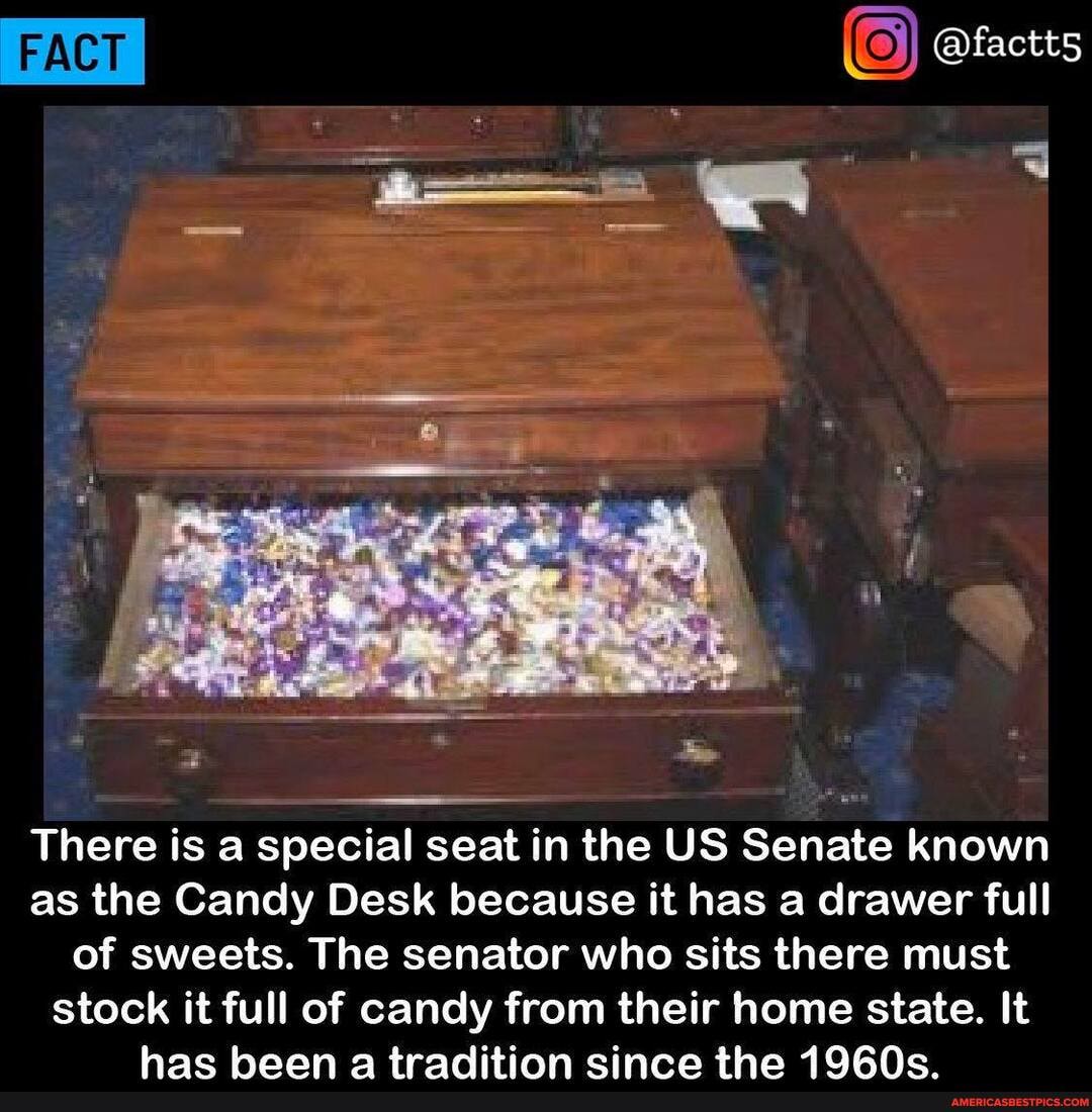 FACT
There is a special seat in the US Senate known as the Candy Desk because it has a drawer full of sweets. The senator who sits there must
stock it full of candy from their home state. It eimre *he