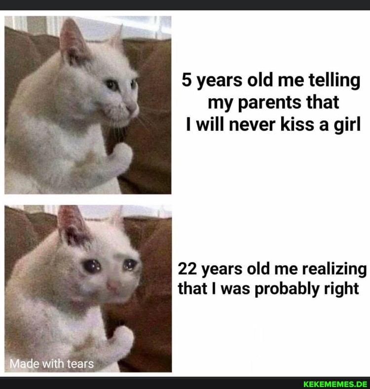 5 years old me telling my parents that will never kiss a girl 22 years old me re