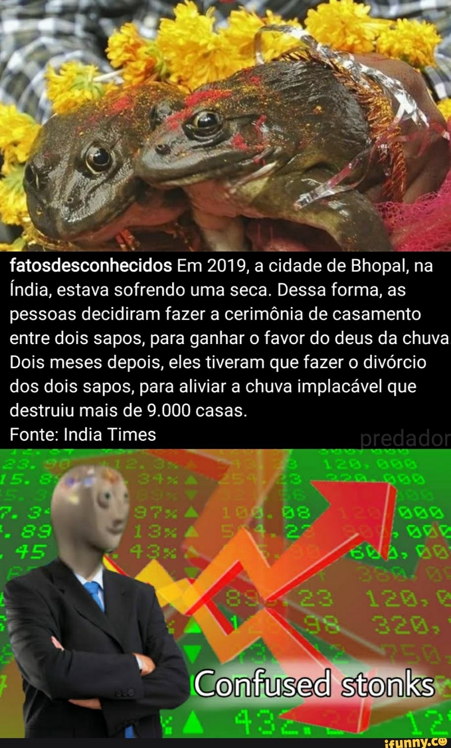 dos dos Em 2019, a cidade de Bhopal, na
Índia, estava sofrendo uma seca. Dessa forma, as pessoas decidiram fazer a cerimônia de casamento entre dois sapos, para ganhar o favor do deus da chuva
Dois meses depois, eles tiveram que fazer o divórcio dos dois sapos, para aliviar a chuva implacável que destruiu mais de 9.000 casas.
Fonte: India Times
Confused stonks