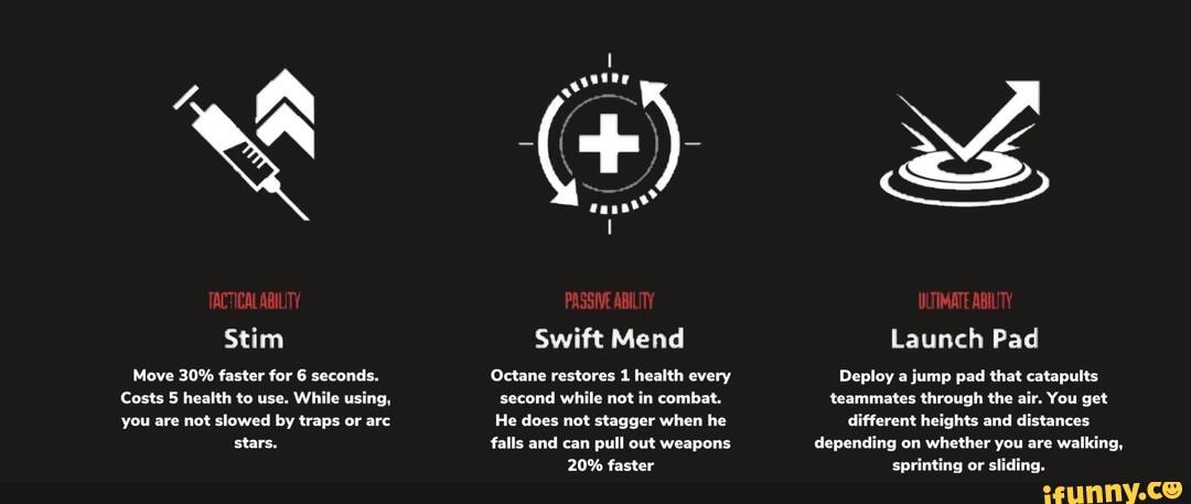 Stim
Move 30% faster for 6 seconds.
Costs 5 health to use. While using,
you are not slowed by traps or arc stars.
Swift Mend
Octane restores 1 health every second while not in combat.
He does not stagger when he
falls and can pull out weapons
20% faster
Launch Pad
Deploy a jump pad that catapults teammates through the air. You get different heights and distances depending on whether you are walking, sprintina or sliding.