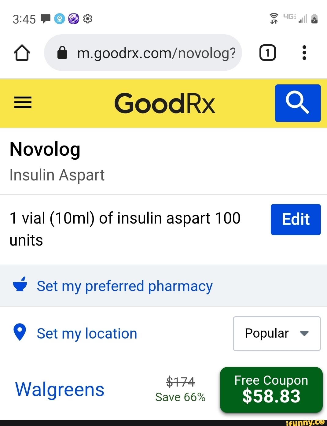 Goodkx Novolog Insulin Aspart 1 vial (10ml) of insulin aspart 100 units