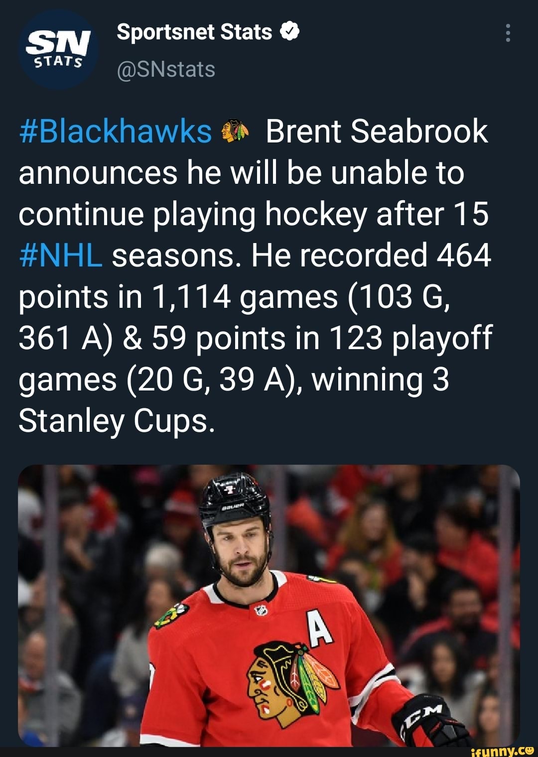 Stats sTATS SNstats Blackhawks Brent Seabrook announces