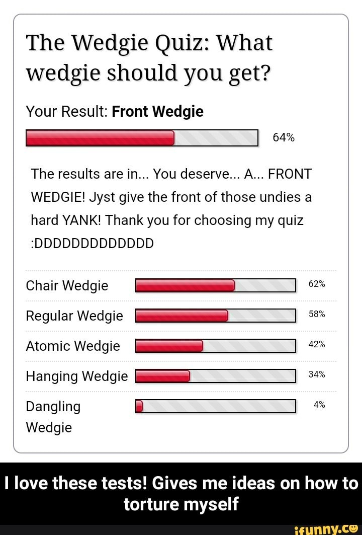 The Wedgie Quiz: What wedgie should you get? Your Result: Front Wedgie The  results are in“.