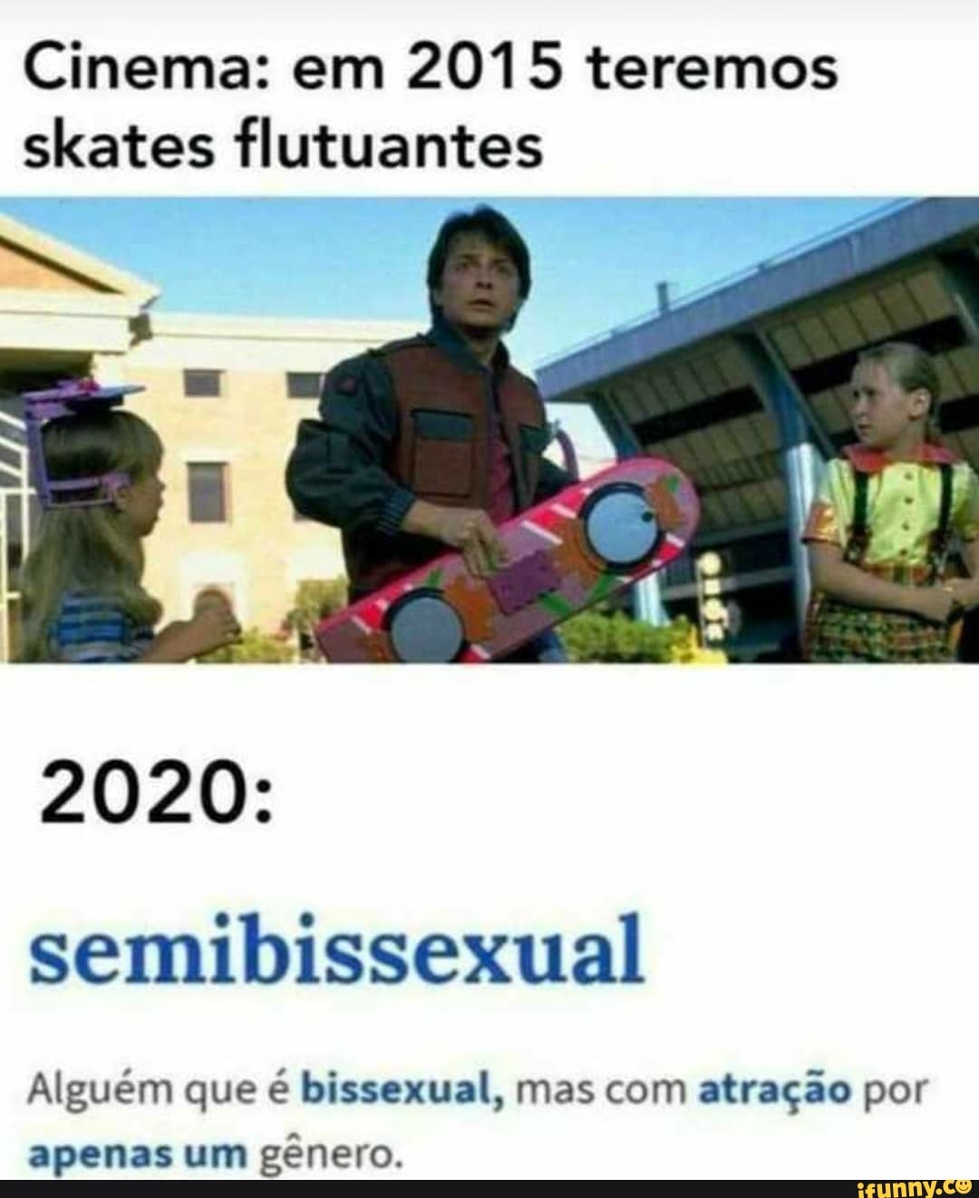 Cinema: em 2015 teremos skates flutuantes
2020:
semibissexual
Alguém que é bissexual, mas com atração por apenas um gênero.
