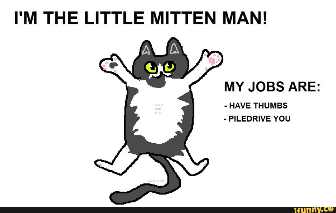 I'M THE LITTLE MITTEN MAN!
MY JOBS ARE:
- HAVE THUMBS
- PILEDRIVE YOU