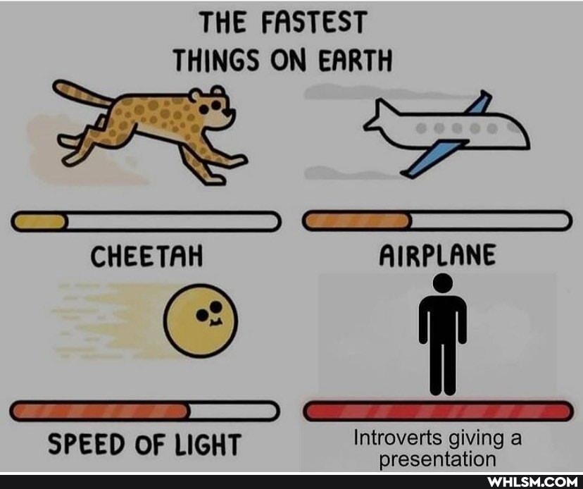 THE FASTEST THINGS ON EARTH
CHEETAH AIRPLANE
ft
Ga) @@S SPEED OF LIGHT Introverts giving a
nracantatinn