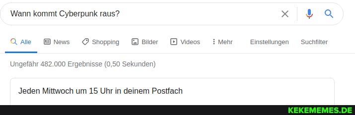 Wann kommt Cyberpunk raus? x
Ungefähr 482.000 Ergebnisse (0,50 Sekunden)
Jeden Mittwoch um 15 Uhr in deinem Postfach