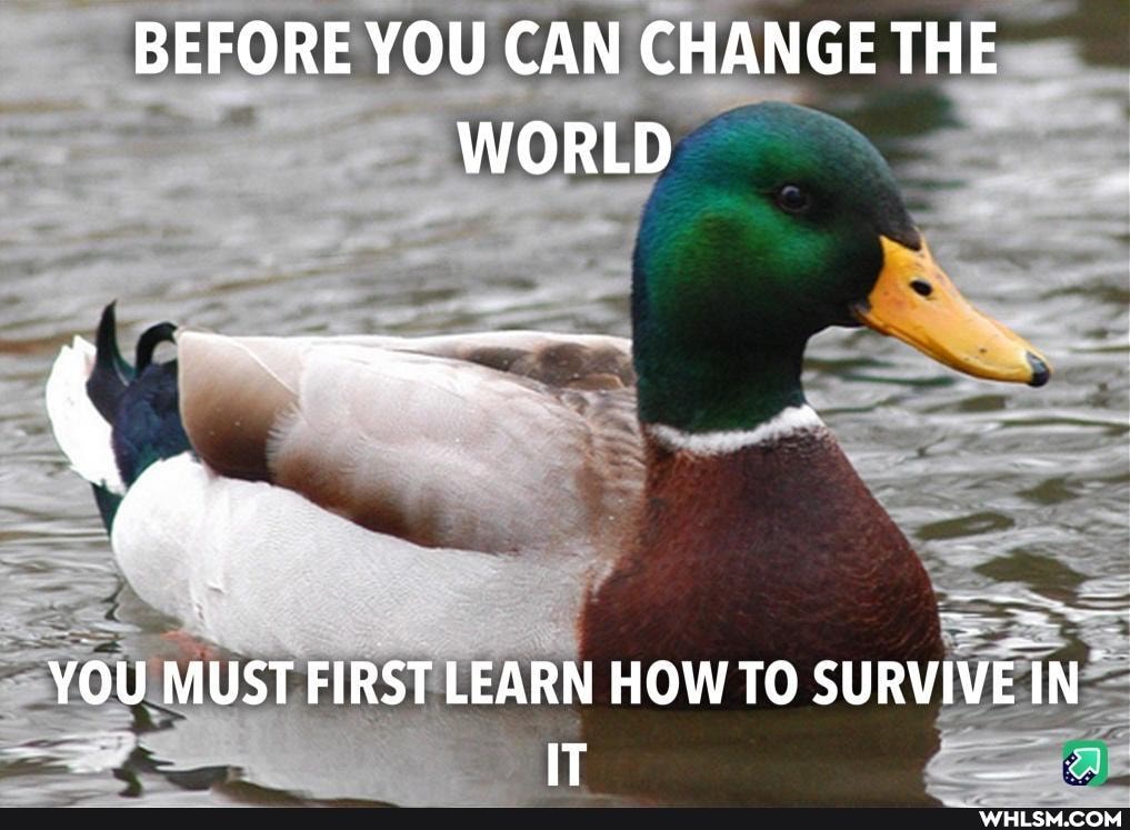 BEFORE YOU CAN CHANGE THE WORLD
YOU MUST FIRST LEARN HOW TO SURVIVE IN IT