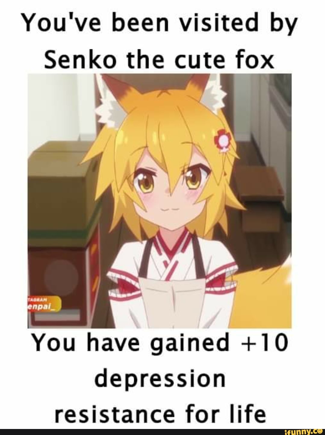 You've been visited by
Senko the cute fox
You have gained +10 depression resistance for life