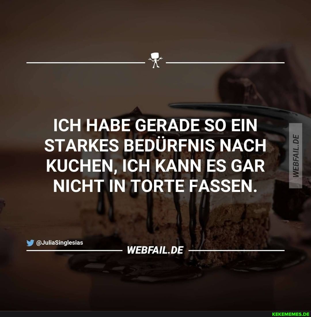 ICH HABE GERADE SO EIN STARKES BEDÜRFNIS NACH KUCHEN, ICH KANN ES GAR
NICHT IN TORTE FASSEN.
@JuliaSinglesias
WEBFAIL.DE