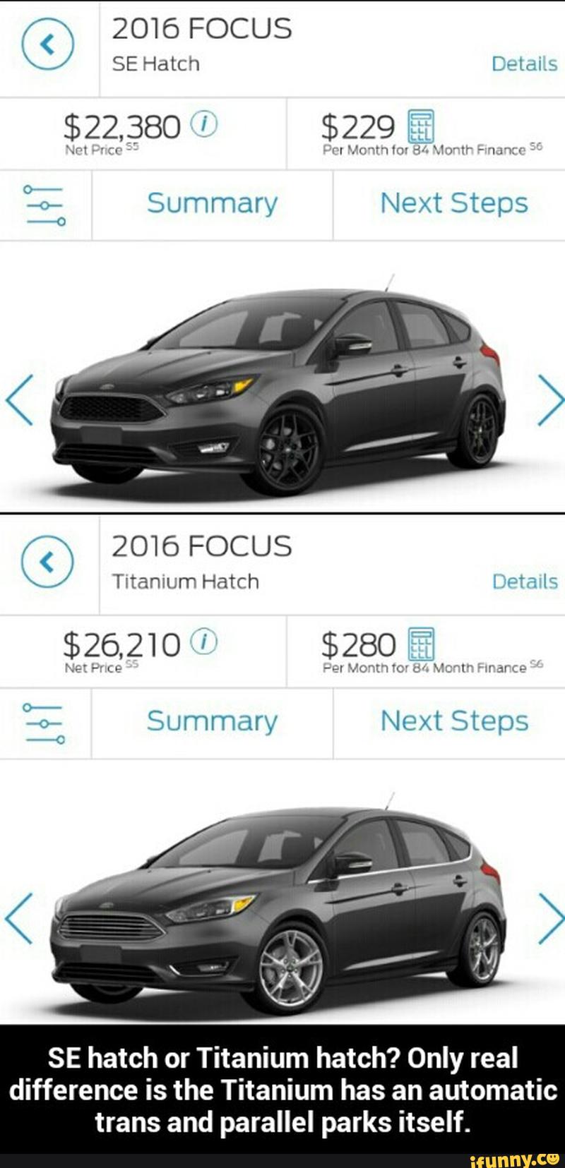 SE hatch or Titanium hatch? Only real difference is the Titanium has an automatic trans and parallel parks itself.