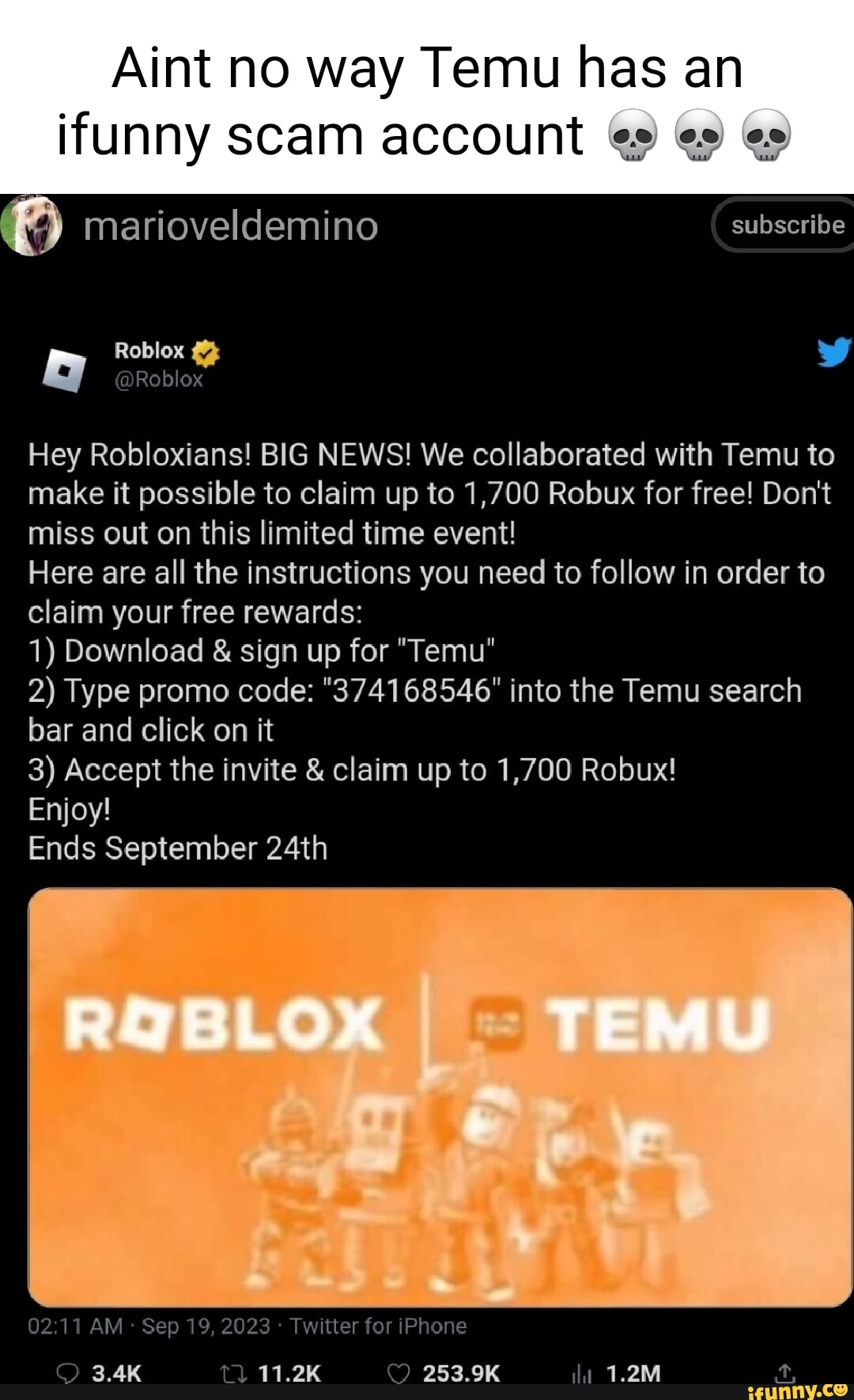 Aint no way Temu has an ifunny scam account marioveldemino Roblox